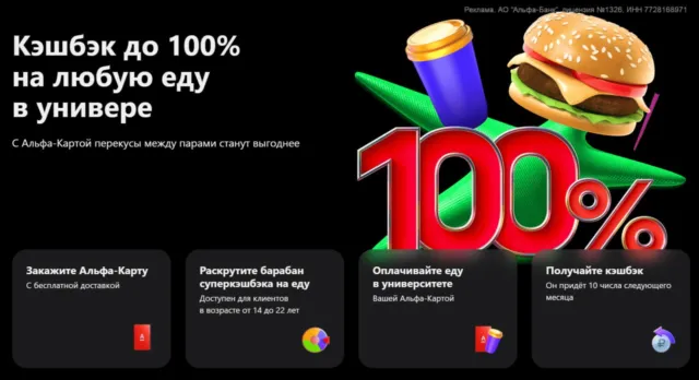 Кэшбэк 100% на еду для студентов от Альфа-Банка