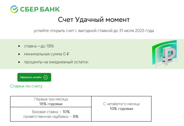 Счет «Удачный момент» от Сбера 18%